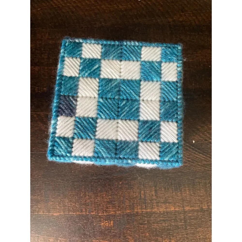 Vintage Hand Stitched Needlepoint Coaster Set w/ Box 6pc Geometric Yarn Art